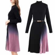 Fashion Color Gradient Pleated Hem Long Sleeve Mock Neck Slim Fit Knit Dress