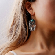 Fashion Etched Feather Enamel Floral Rhinestone Drop Earing
