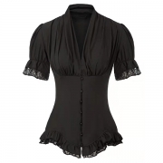 Kortärmad Vintage Ruched V-ringad Blus med Volang och Knappar
