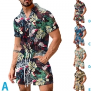 Bohemia Blommigt Tryckt Knäppt Polo Neck Kortärmad Romper för Herrar