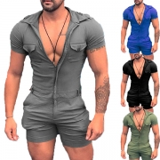 Casual Solid Color Front Zipper Kortärmad Romper för män