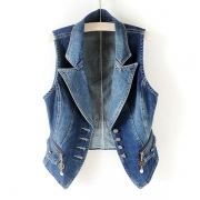 Vintage Old-washed Notch Lapel Zipper Crop Ärmlös jeansväst