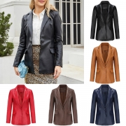 Enfärgad Notch Lapel Långärmad PU Konstläderkavaj/jacka