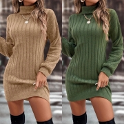 Modeklädsel: Enfärgad långärmad tröjklänning med turtleneck(med elasticitet)