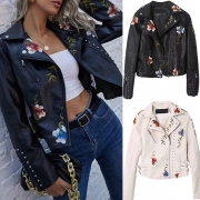 Gatumode Blommig broderad nitskåra Lapel Långärmad konstläder PU Crop Jackor