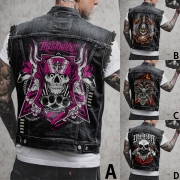 Street Fashion Skull Tryckt Ärmlös Sliten Nederkant Gammalt Tvättad Jeansväst för Män