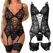 Sexig snörning rygglös spetsunderkläderbody med bowknot