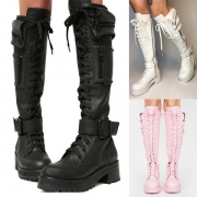 Gatufashionplattform med snörningsspänne, sidofickor och over-knee-stövlar i konstläder