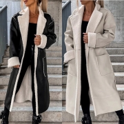 Fashion Långärmad varm plyschfodrad PU-jacka i konstläder med snygg slagrevers