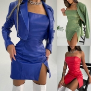 Street Fashion konstläder PU tvådelat set med Crop Jacket och axelbandslös Bodycon Dress