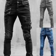 Street Fashion Män Spänne Dragkedja Distressed Gammalt tvättade denim jeans