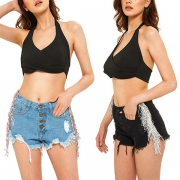 Street Fashion Distressed Tofs Side Button Washed Old Jeans Shorts