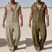 Ärmlös huva med främre knappar, casual lös jumpsuit och hängselbyxor för män