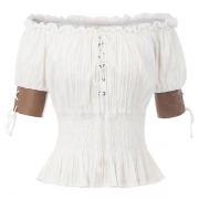 Vintage rynkad kortärmad skjorta med snörning off-shoulder