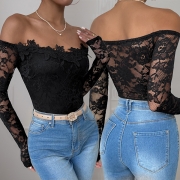 Sexig axelbandslös blommig jacquardspetsbody