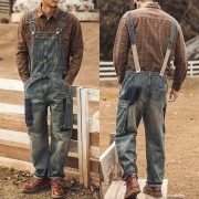 Vintage sidfickor Lös Tvättad Denim Hängselbyxa för Herrar