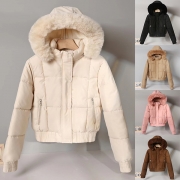 Moderiktig plyschjacka med huva och långa ärmar Quiltad kort kappa