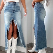 Gatumode Vintage Tvättad Fransig Kant Främre Slits Jeanskjol