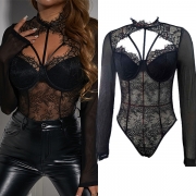 Sexig Framtill Utskuren Mock Neck Långärmad Spetskik Linne Splits Underkläder Bodysuit