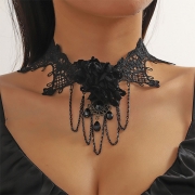 Punk Stil Pärlbeprydd Blommig Virkad Spets Halsband