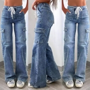 Streetwear Dragsko Höga Sidofickor Rak Skurna Vintage Tvättade Jeans