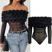 Off-shoulder-body med 3D blomdekorationer