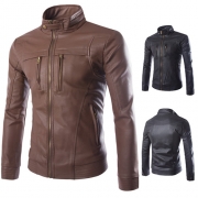 Fashion Solid Color Long Sleeve Stand Collar Slim Fit Men's PU Leather Jacket