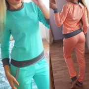 Fashion Contrast Color Long Sleeve Round Neck Sports Suit