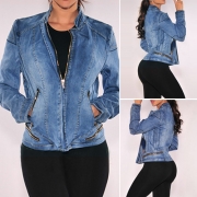 Fashion Stand Collar Long Sleeve Front Zipper Denim Jacket For Women