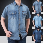 Mode kortärmad jeansskjorta med enkelknäppt POLO krage