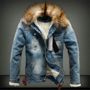 Modekläder Mans Jeanskappa med Plyschfoder och Skarvad Huva i Fuskpäls