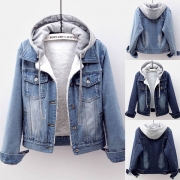 Mode Jeansjacka med Långärmad, avtagbar huva och plyschfoder （Storleken blir liten）