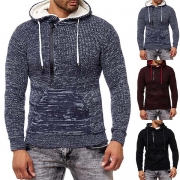 Stickad herrhoodie med huva, långärmad med färgmix