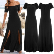 Sexig off-shoulder båthals kortärmad slitsfållklänning