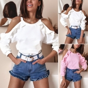 Volangtopp i off-shoulder-modell, långärmad med rund halsringning – enfärgad