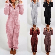 Mode enfärgad långärmad huva plysch pyjamas jumpsuit