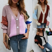 Fashion Contrast Color Long Sleeve V-neck Knit Cardigan