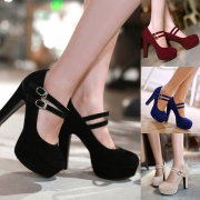 Criss Cross Strap Rund Toe Block Heel Platform Pumps
