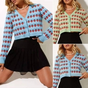 European Style Sweet Strawberry Pattern Knit Cardigan