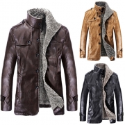 Fashion Long Sleeve Stand Collar Slim Fit Men's PU Leather Coat