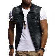 Fashion Lapel Sleeveless Pockets Single-breasted Ripped Waistcoat