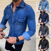 Mode långärmad POLO-krage Slim Fit jeansskjorta för män