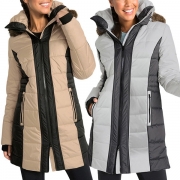 Fashion Contrast Color Long Sleeve Faux Fur Spliced Hooded Padded Coat 