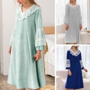 Sweet Style Lace Spliced Trumpet Sleeve V-neck Nightwear Dress