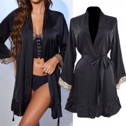Sexy Lace Spliced Lapel Self-tie Satin Nightgown