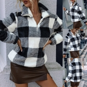 Fashion Contrast Color Checker Zipper Stand Collar Long Sleeve Plush Pullover Sweatshirt