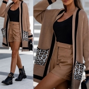 Casual Contrast Color Stripe Printed Leopard Print Patch Pocket Cardigan