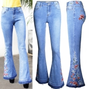Vintage blommiga broderade jeans med vida ben i gammaltvättat utförande