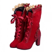 Lace Trimmed Mid Calf Booties High Heel Front Lace Up Leather Booties
