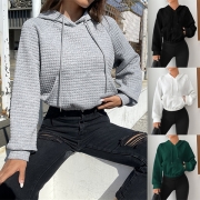Casual Hooded Waffle Texture Crop Sweatshirt med dragkedja och enfärgat tryck på långärmad